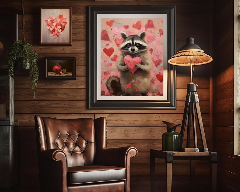 raccoon art print,raccoon valentine gifts,valentines wall art,valentine day gift, valentines printable,valentines prints,pink valentine decor,romantic art print,love wall art,pink bedroom decor,heart painting,pink heart art, funny anniversary gifts
