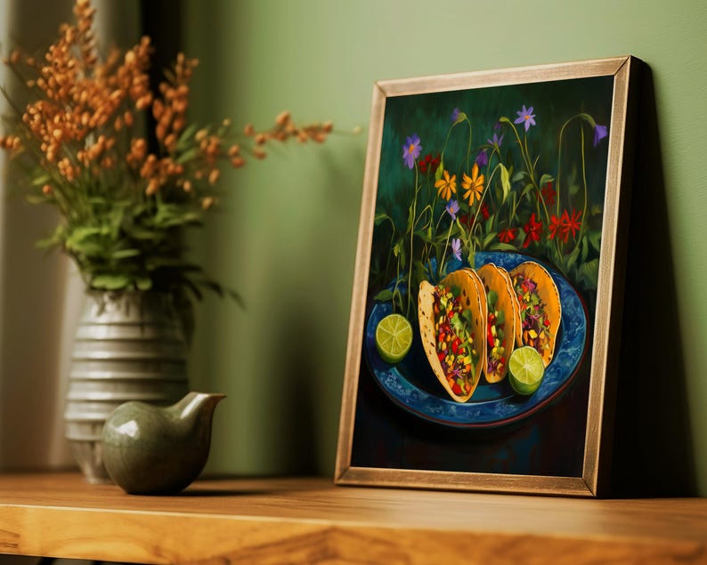 taco wall art,taco oil painting,vintage taco print,mexican food wall art,kitchen wall art,whimsical wall decor,food wall art, funny food prints,still life wall art,still life painting,bar cart decor,moody kitchen decor,moody kitchen art,dark kitchen art,kitchen wall decor,moody kitchen print,wildflowers art print,whimsical art prints,moody kitchen art,dark kitchen prints,wildflower kitchen art, cottagecore wall art,food art print,fun kitchen art,dinner wall art,dining wall art,foodie wall art