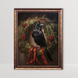Weihnachten Rabe | Dark Academia Wandkunst, Gothic Krähenkranz Malerei Festliche Rustikale Urlaub Dekor Vintage Moody Winter Print Weihnachten Printable