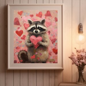 raccoon art print,raccoon valentine gifts,valentines wall art,valentine day gift, valentines printable,valentines prints,pink valentine decor,romantic art print,love wall art,pink bedroom decor,heart painting,pink heart art, funny anniversary gifts