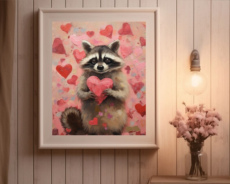 raccoon art print,raccoon valentine gifts,valentines wall art,valentine day gift, valentines printable,valentines prints,pink valentine decor,romantic art print,love wall art,pink bedroom decor,heart painting,pink heart art, funny anniversary gifts