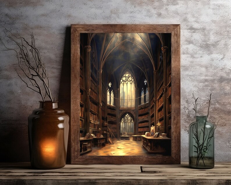 May include: A framed print of a dark, gothic library interior with tall bookshelves and a large arched window. The room is dimly lit, with sunlight streaming in through the window. The floor is made of stone tiles and there are wooden tables and chairs scattered throughout the room.