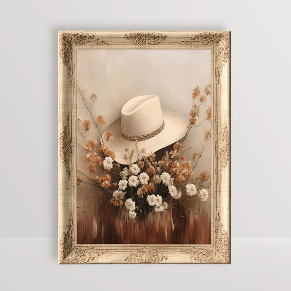 Vintage Cowgirl Hat | Neutral Western Wall Art, Boho Cottagecore Print Moody Flower Painting Farmhouse Aesthetic Room Decor Cowboy Printable