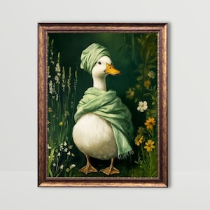 Arte de pared de baño caprichoso con diseño de pato después del baño, toalla de cabeza de ganso, estampado de ducha verde oscuro, pintura divertida con estampados de animales de moda para el baño.