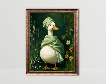 After Bath Duck | Whimsical Bathroom Wall Art, Goose in Head Towel Dark Green Shower Print, Trendy Fun Animal Prints Funny Bathroom Painting