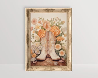 Floral Cowgirl Boots | Boho Cottagecore Print Neutral Western Wall Art Vintage Flower Blush Pink Painting Farmhouse Decor Cowboots Printable