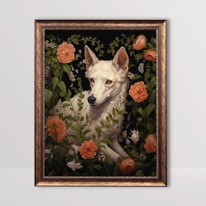 Botanical Wolf | Dark Floral Gothic Cottagecore Art, Moody Painting, Goth Wall Art, Dark Fairycore Aesthetic Printable,Witchy Academia Print