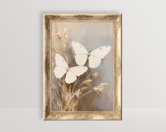 Weiße Schmetterlinge | Cottagecore Wandkunst, gedämpfte warme Ton Malerei, Boho Bauernhaus ästhetisch neutral botanisch druckbar, Landhaus Home Decor