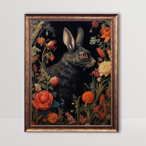 Schwarzes Kaninchen | Dunkle botanische Gothic Cottagecore Kunst, stimmungsvolle Blumenmalerei, Goth Wandkunst, Witchy Room Decor Printable, Dark Academia Print