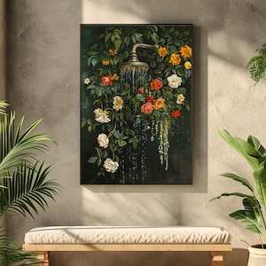 bathroom wall art,bath wall decor,shower print, shower painting, dark green wall art,bathtub wall art,floral bathroom art, botanical shower wall art, moody wall art, vintage oil painting, laundry wall decor, cottagecore decor, dark cottagecore art