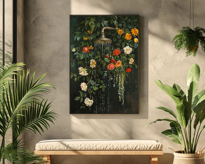 bathroom wall art,bath wall decor,shower print, shower painting, dark green wall art,bathtub wall art,floral bathroom art, botanical shower wall art, moody wall art, vintage oil painting, laundry wall decor, cottagecore decor, dark cottagecore art