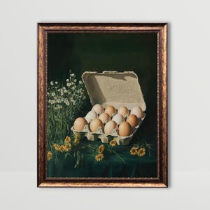 Eggs | Kitchen Wall Art, Green Whimsical Food Print, Easter Decor Moody Groceries Printable Flowers Fun Egg Carton Painting Breakfast Prints