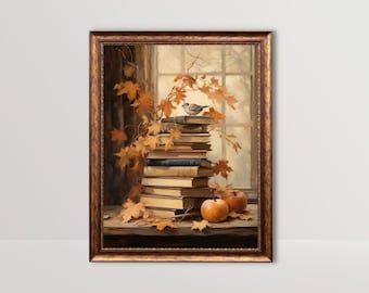 Books by Autumn Window  | Rustic Fall Decor, Cottagecore Farmhouse Wall Art, Vintage Country Bird Oil Painting Printable Dark Academia Print