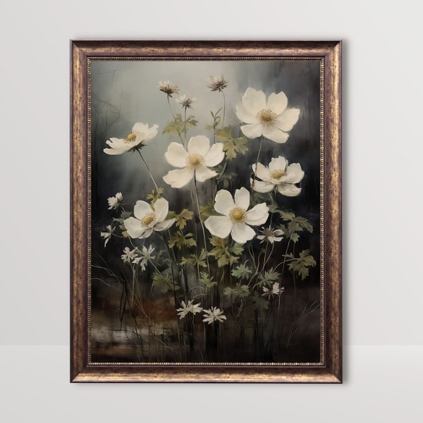 Windblumen | Dark Cottagecore Print, Stimmungsvolle Blumen Wandkunst, Floral Vintage Ölgemälde, Dark Academia Dekor Wildblumen botanisch druckbar