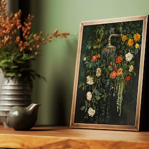 bathroom wall art,bath wall decor,shower print, shower painting, dark green wall art,bathtub wall art,floral bathroom art, botanical shower wall art, moody wall art, vintage oil painting, laundry wall decor, cottagecore decor, dark cottagecore art