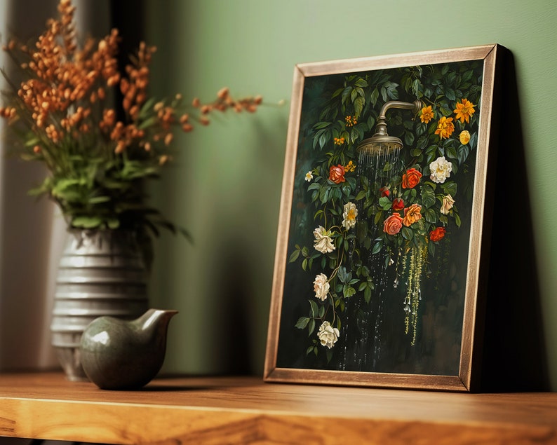 bathroom wall art,bath wall decor,shower print, shower painting, dark green wall art,bathtub wall art,floral bathroom art, botanical shower wall art, moody wall art, vintage oil painting, laundry wall decor, cottagecore decor, dark cottagecore art