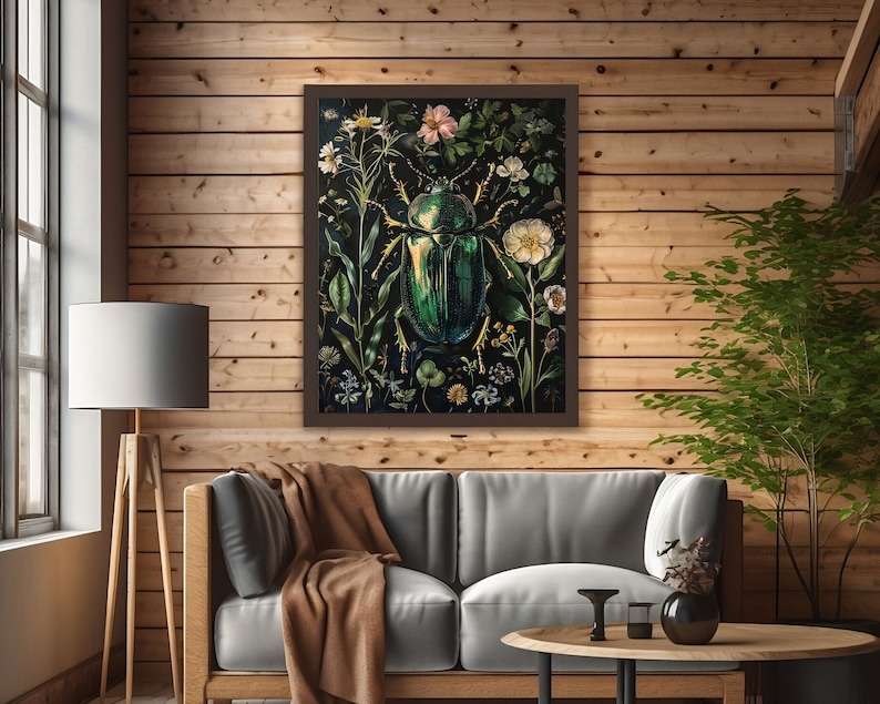 beetle wall art,green beetle art print,insect wall art,dark academia prints,dark green art,dark botanical art,moody goth wall art,moody art printable,dark floral print,gothic room decor,goth cottagecore decor,beetle bug poster,vintage insect prints