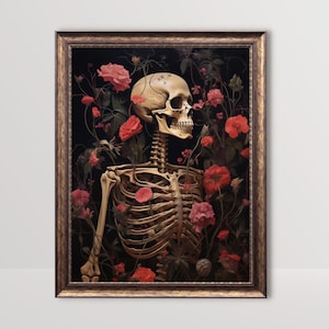 Florales Skelett | Dark Cottagecore Goth Print, Blumen Schädel Vintage Ölgemälde Gothic Home Decor Moody Botanische Wand Kunst druckbare Poster