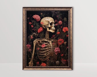 Floral Skeleton | Dark Cottagecore Goth Print, Flower Skull Vintage Oil Painting Gothic Home Decor Moody Botanical Wall Art Printable Poster