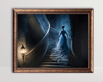 Senhora gótica vitoriana | Pintura a óleo vintage escura, arte de parede gótica, arte oculta, decoração de academia escura, pôster estético de terror assustador para impressão