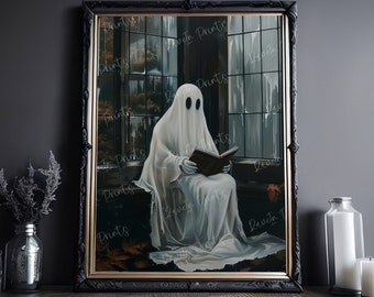 Ghost Reading By The Window, Reading Lover Gift, Vintage Poster, Art Poster Print, Dark Academia, Haunting Ghost, Halloween Decor