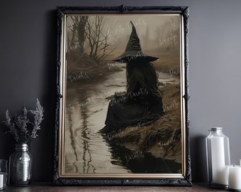 Witch Sitting By The Creek, Witch Decor, Vintage Poster, Art Poster Print, Dark Academia, Gothic Victorian