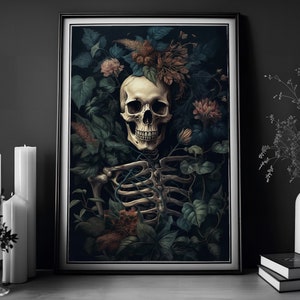 Botanical Skeleton Painting, Vintage Poster, Art Poster Print, Dark Academia, Haunting Ghost, Halloween Decor