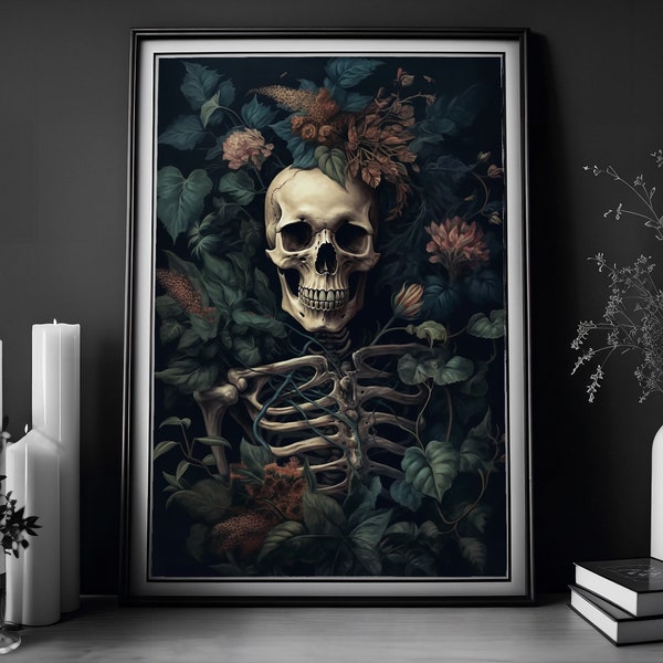 Botanische Skelett Malerei, Vintage Poster, Kunst Poster Druck, Dark Academia, Spuk Gespenst, Halloween Dekor