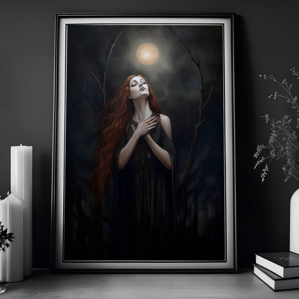 Moon Worship, Witch With The Moon, Witch Decor, Vintage Poster, Art Poster Print, Dark Academia, Gothic Victorian