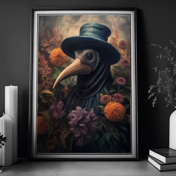 Plague Doctor Print, Vintage Poster, Art Poster Print, Dark Academia, Gothic Plague Doctor, Gothic Floral Print