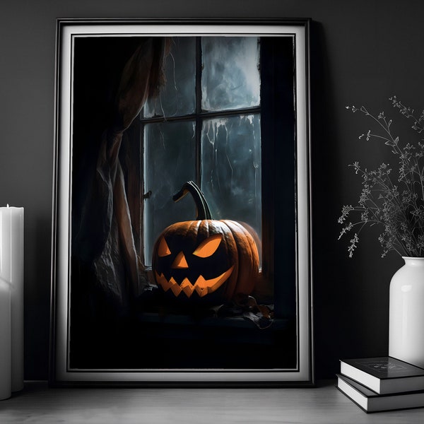 Jack O Lantern In The Window, Trick or Treat, Halloween Print, Art Poster Print, Halloween Decor