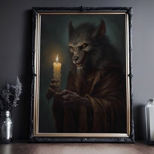Impresión de póster artístico de hombre lobo con vela, Dark Academia, impresión de hombre lobo, decoración de Halloween, impresión de monstruo