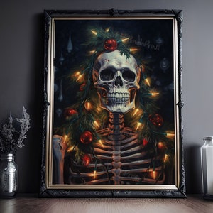 Christmas Skeleton Painting, Vintage Poster, Art Poster Print, Dark Academia, Haunting Ghost, Halloween Decor, Christmas Wall Art