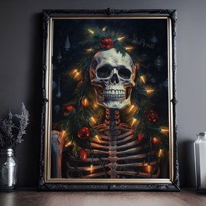 Christmas Skeleton Painting, Vintage Poster, Art Poster Print, Dark Academia, Haunting Ghost, Halloween Decor, Christmas Wall Art