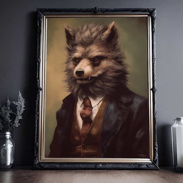 Werewolf Portrait, Renaissance Portrait, Art Poster Print, Dark Academia, Werewolf Print, Halloween Decor, Monster Print