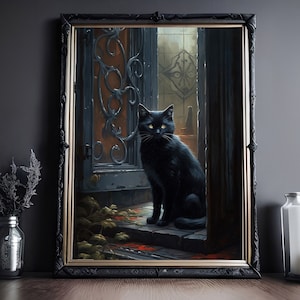 Black Cat In The Doorway, Vintage Poster, Art Poster Print, Dark Academia, Gothic Victorian