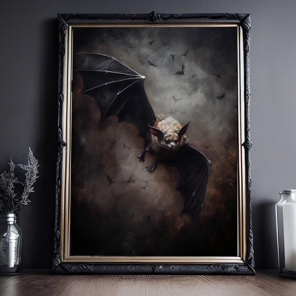 Bat In The Night, Art Poster Print, Dark Academia, Halloween Bat Print, Halloween Decor, Monster Print