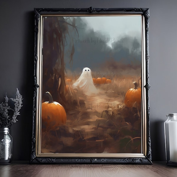 Fantasma en el parche de calabaza, Impresión de Halloween, Cartel vintage, Impresión de póster de arte, Academia oscura, Fantasma inquietante, Decoración de Halloween