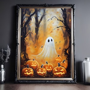 Ghost and Jack O Lanterns, Halloween Print, Vintage Poster, Art Poster Print, Dark Academia, Haunting Ghost, Halloween Decor