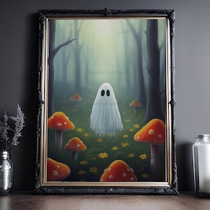 Fantasma en un bosque de hongos, póster vintage, impresión de póster artístico, Dark Academia, fantasma inquietante, decoración de Halloween, Cottagecore