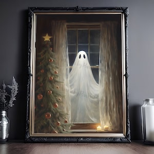 Christmas Ghost Looking In Window, Vintage Poster, Art Poster Print, Dark Academia, Haunting Ghost, Halloween Decor, Christmas Print