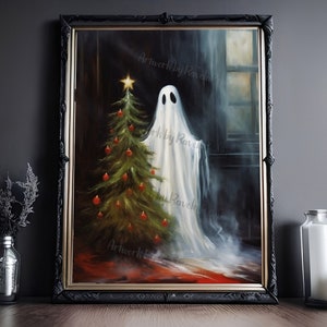 Ghost Decorating Christmas Tree, Vintage Poster, Art Poster Print, Dark Academia, Haunting Ghost, Halloween Decor, Christmas Print