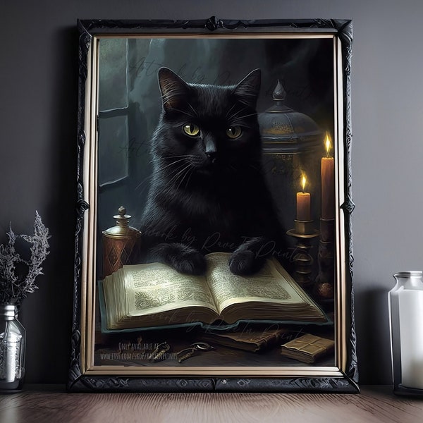 Black Cat Witch Print, Vintage Poster, Art Poster Print, Dark Academia, Gothic Victorian, Black Cat Art, Witchy Decor