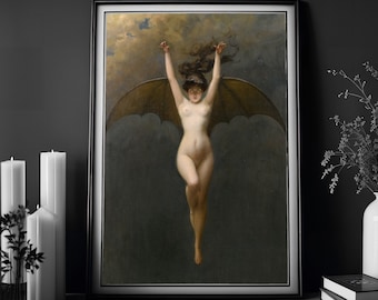 Bat Woman By Albert Joseph Penot, Vintage Painting, Fine Art Print, Witch Print, Halloween Decor, Art Poster Print