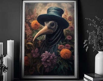 Plague Doctor Print, Vintage Poster, Art Poster Print, Dark Academia, Gothic Plague Doctor, Gothic Floral Print