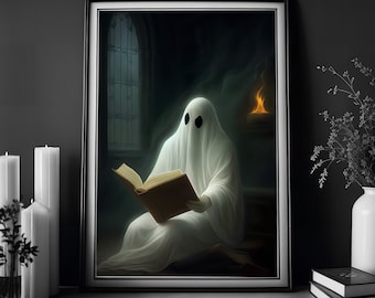 Ghost Reading A Book, Reading Lover Gift, Vintage Poster, Art Poster Print, Dark Academia, Haunting Ghost, Halloween Decor