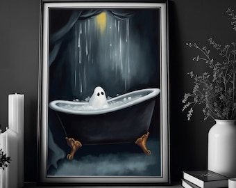 Ghost In The Bath Tub, Bubble Bath Ghost, Vintage Poster, Art Poster Print, Dark Academia, Haunting Ghost, Halloween Decor