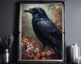 Black Crow With Flowers, Vintage Poster, Art Poster Print, Dark Academia, Gothic Victorian Crow, Whimsigoth Decor