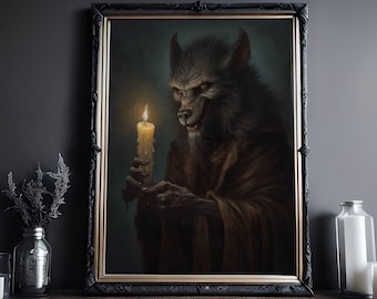 Werewolf With Candle, Art Poster Print, Dark Academia, Werewolf Print, Halloween Decor, Monster Print