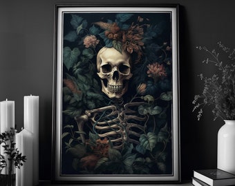 Botanical Skeleton Painting, Vintage Poster, Art Poster Print, Dark Academia, Haunting Ghost, Halloween Decor